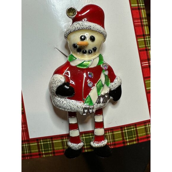 Vintage Inspired Happy Holidays Santa Snowman Brooch Pin Rhinestone Scarf - Picture 4 of 8